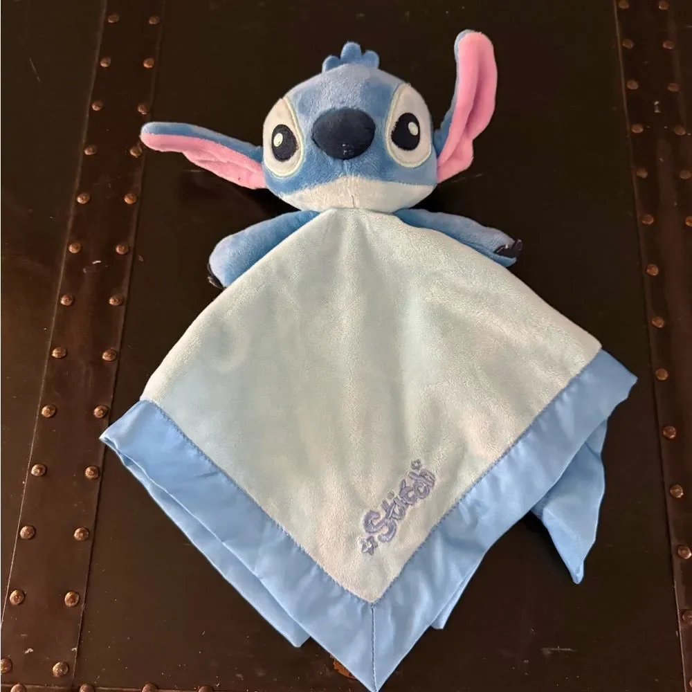 Disney Baby Blue Stitch Plush Lovey Security Blanket Satin Trim 14